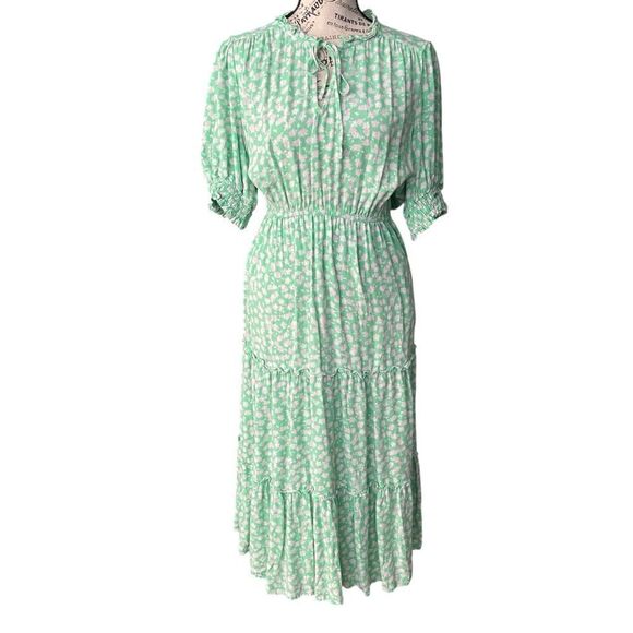 Who What Wear Green Floral Midi Puff Elbow Sleeve Dress in Size Large - Picture 4 of 14
